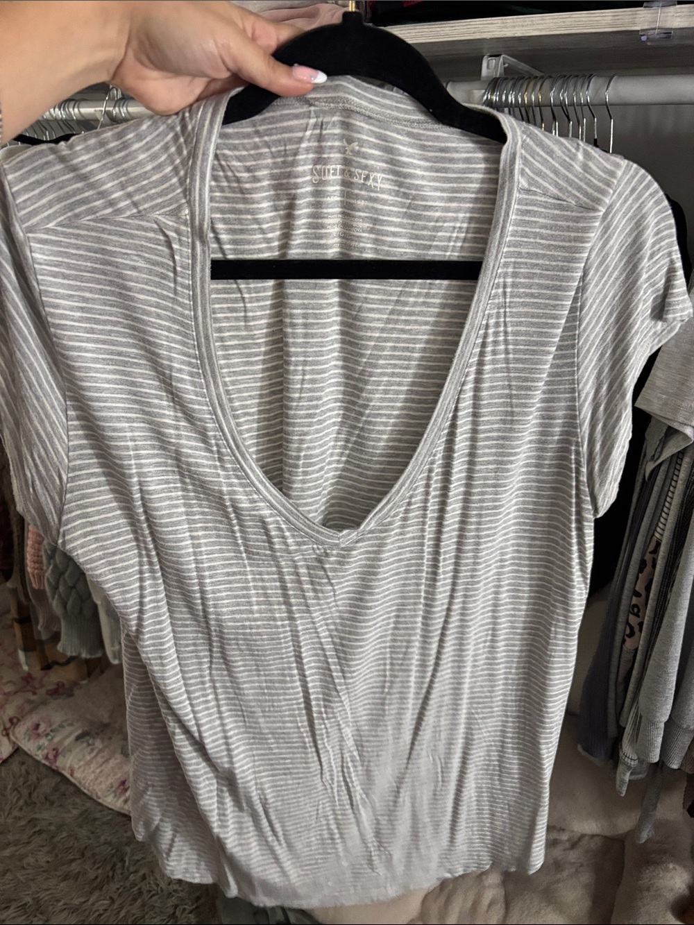 Light Gray Striped V-Neck Women's Top